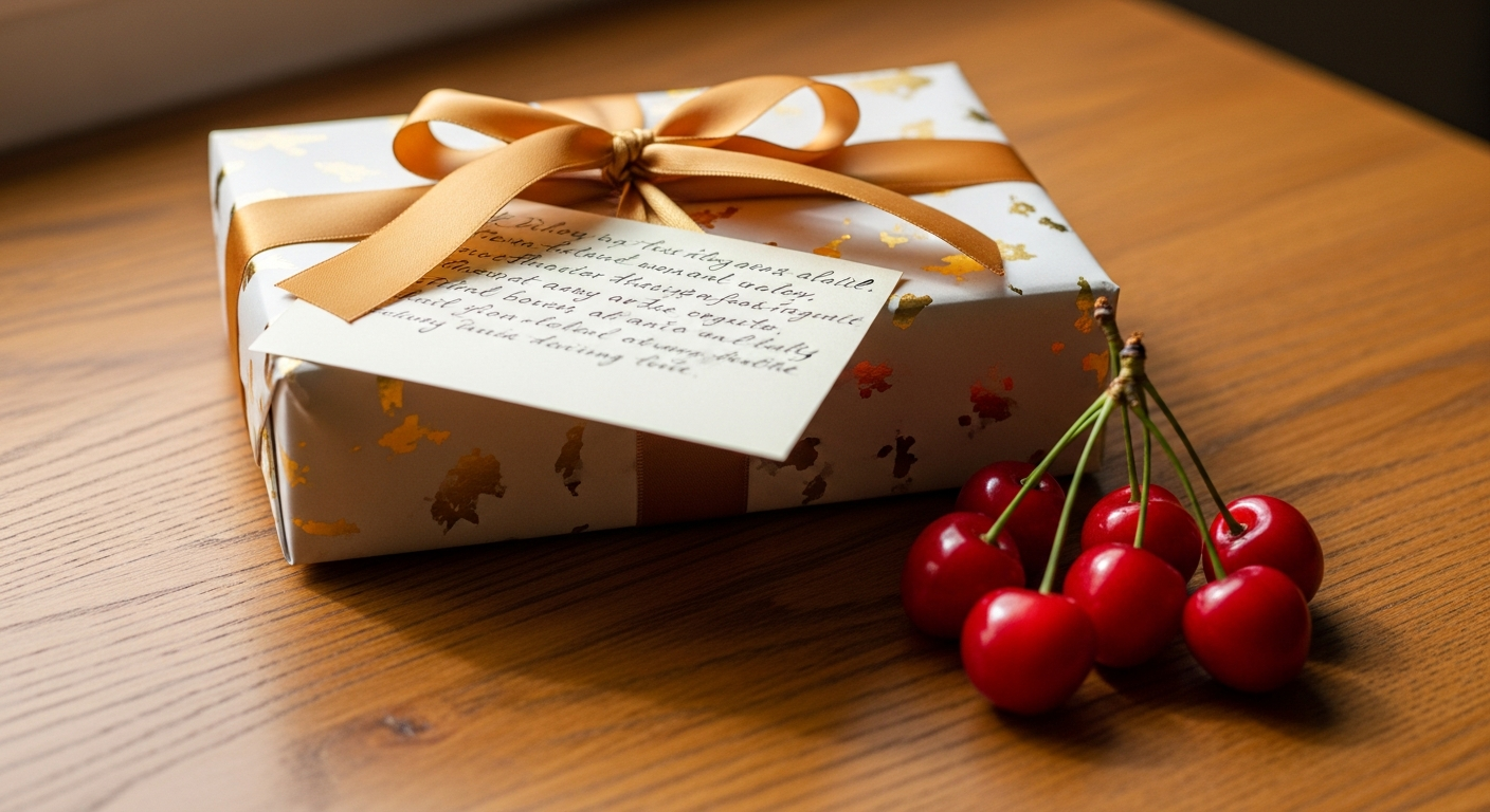 Beautifully wrapped gift box with fresh cherries